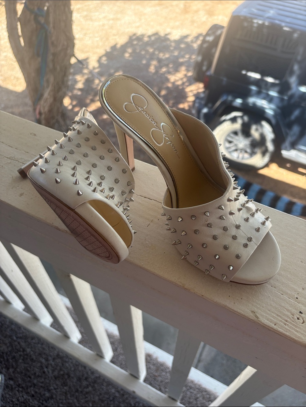 Jessica Simpson Ivory Studded Open-Toe Mule Heels